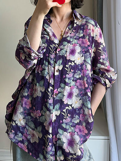 Plus Size Women Summer Artsy Flower Turn-down Collar Long Sleeve Shirt