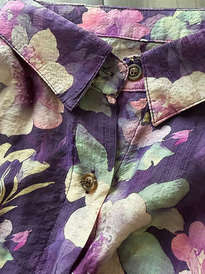 Plus Size Women Summer Artsy Flower Turn-down Collar Long Sleeve Shirt