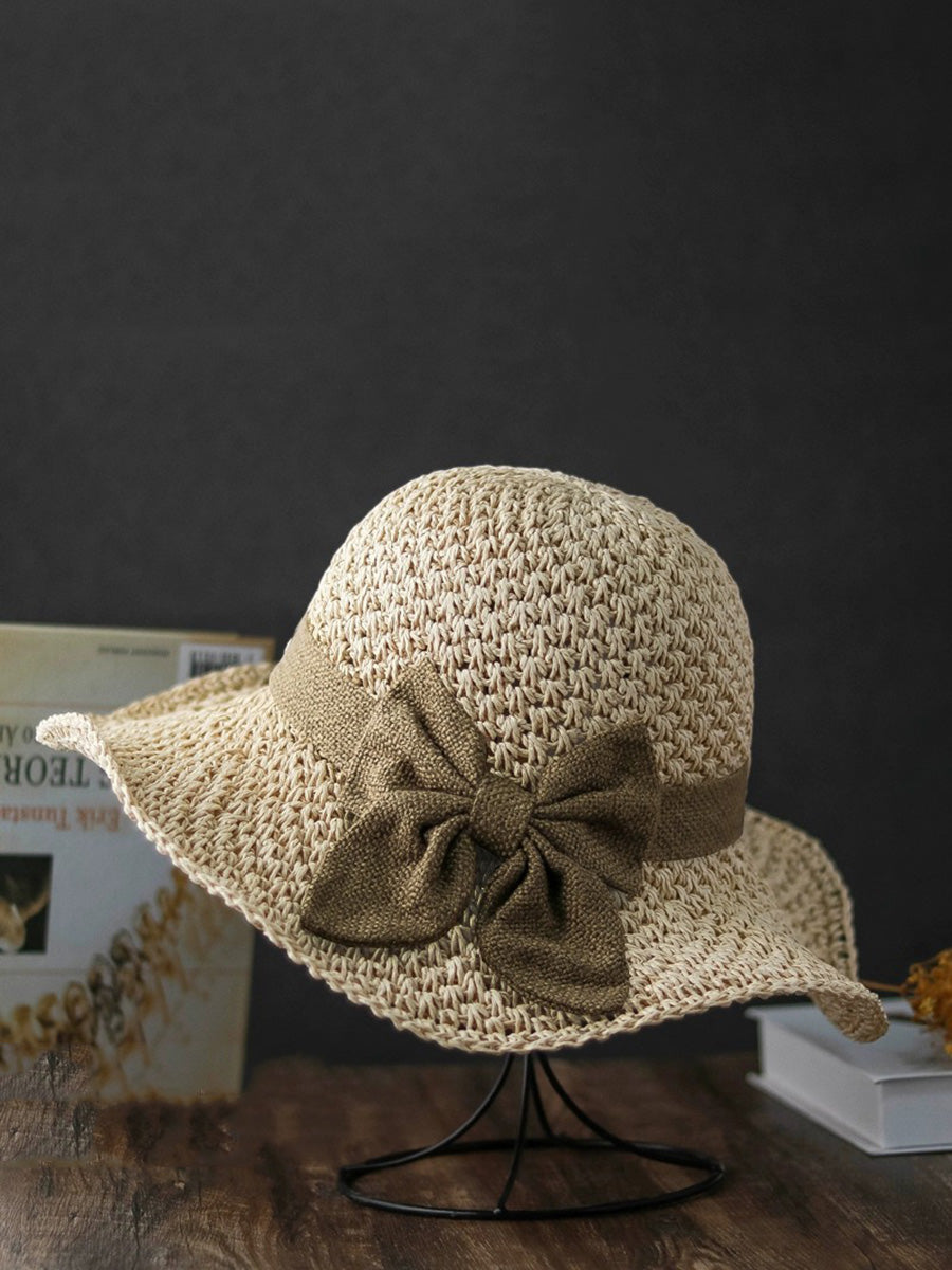 Women Artsy Summer Straw Weave Bowknot Sunproof Hat