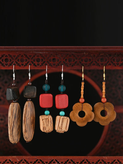 Women Vintage Wood Flower Earrings