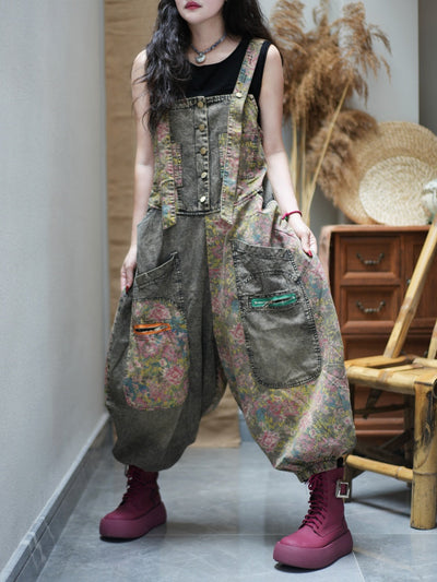 Women Summer Retro Flower Patch Spliced Denim Jumpsuits