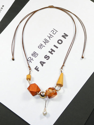 Women Artsy Wood Resin Copper Preal Necklace