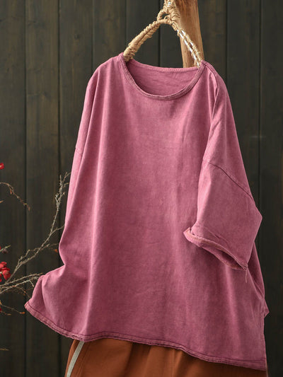 Women Summer Worn Pure Color O-Neck Cotton Shirt