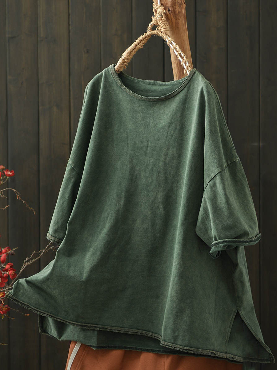 Women Summer Worn Pure Color O-Neck Cotton Shirt