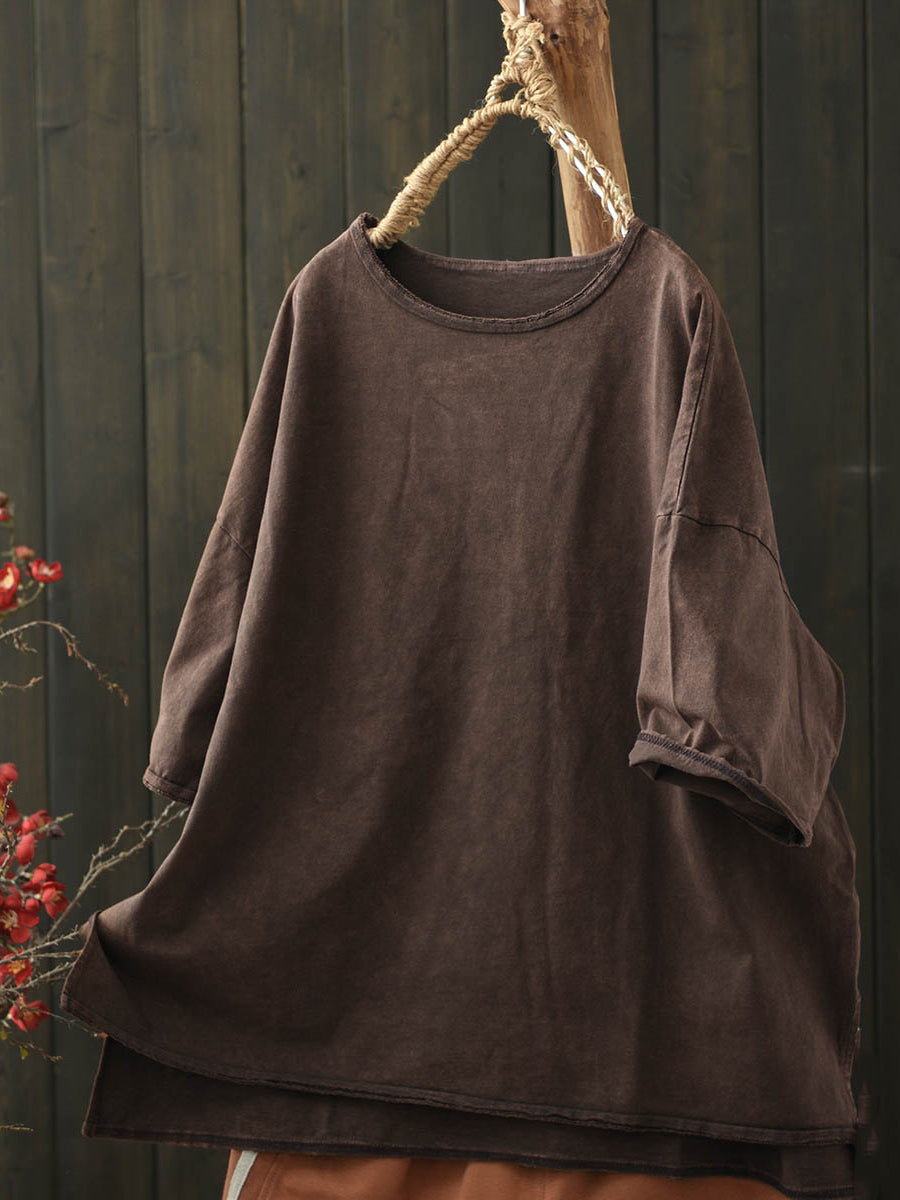 Women Summer Worn Pure Color O-Neck Cotton Shirt