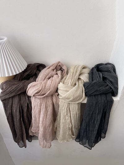 Women Retro Shirred Pure Color Shaw Scarf