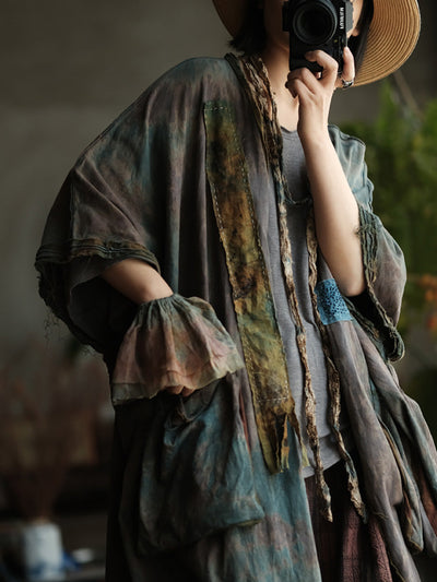 Women Summer Retro Print Cotton Spliced V-Neck Shirt Coat