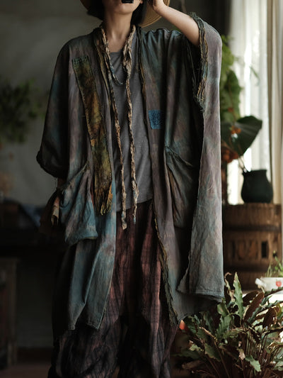 Women Summer Retro Print Cotton Spliced V-Neck Shirt Coat