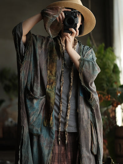 Women Summer Retro Print Cotton Spliced V-Neck Shirt Coat