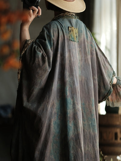 Women Summer Retro Print Cotton Spliced V-Neck Shirt Coat