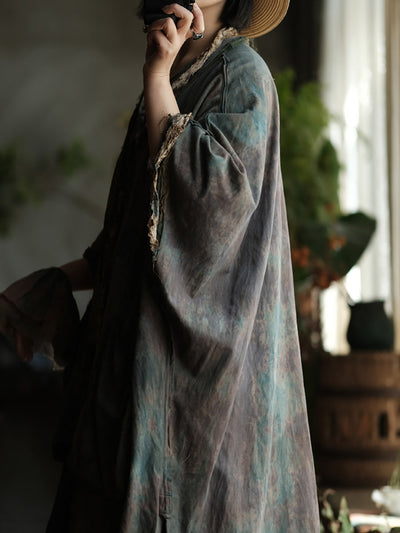 Women Summer Retro Print Cotton Spliced V-Neck Shirt Coat