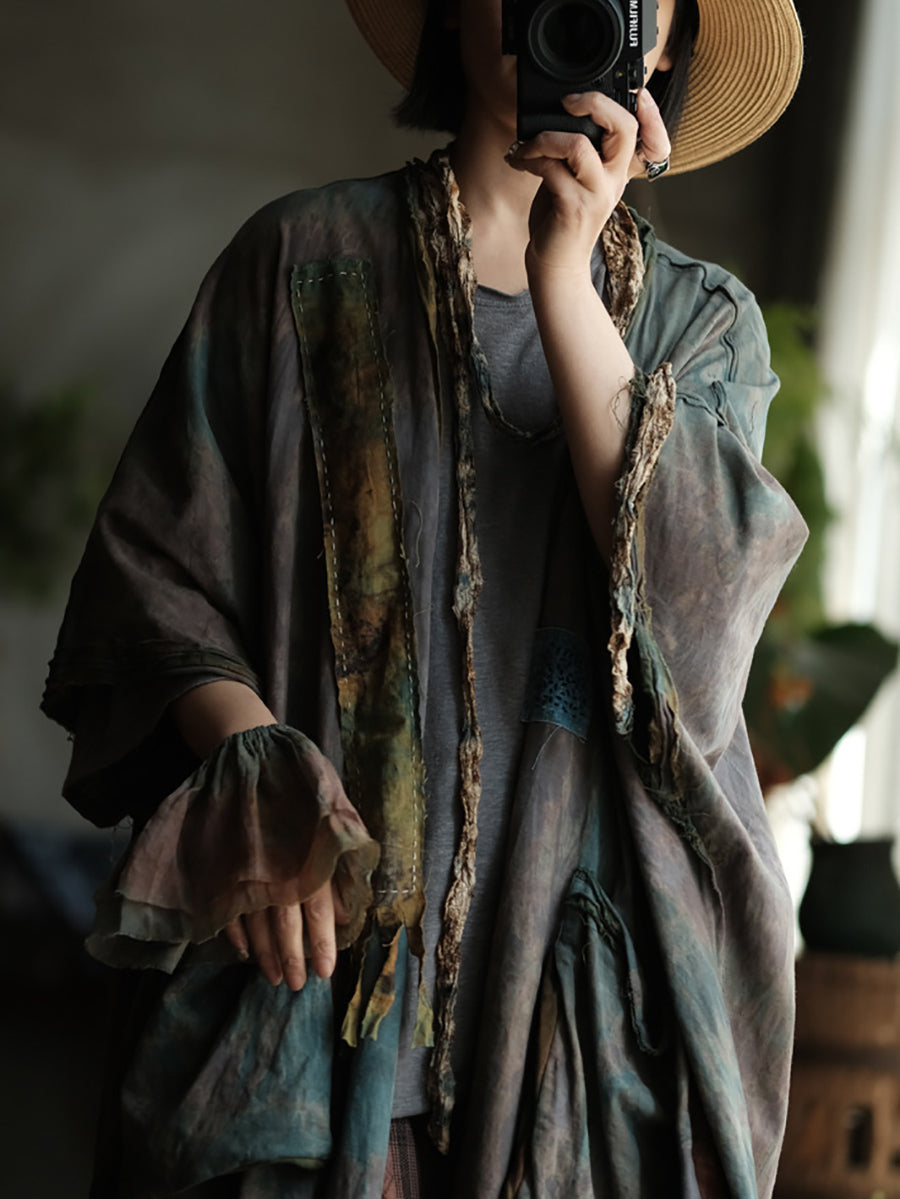 Women Summer Retro Print Cotton Spliced V-Neck Shirt Coat