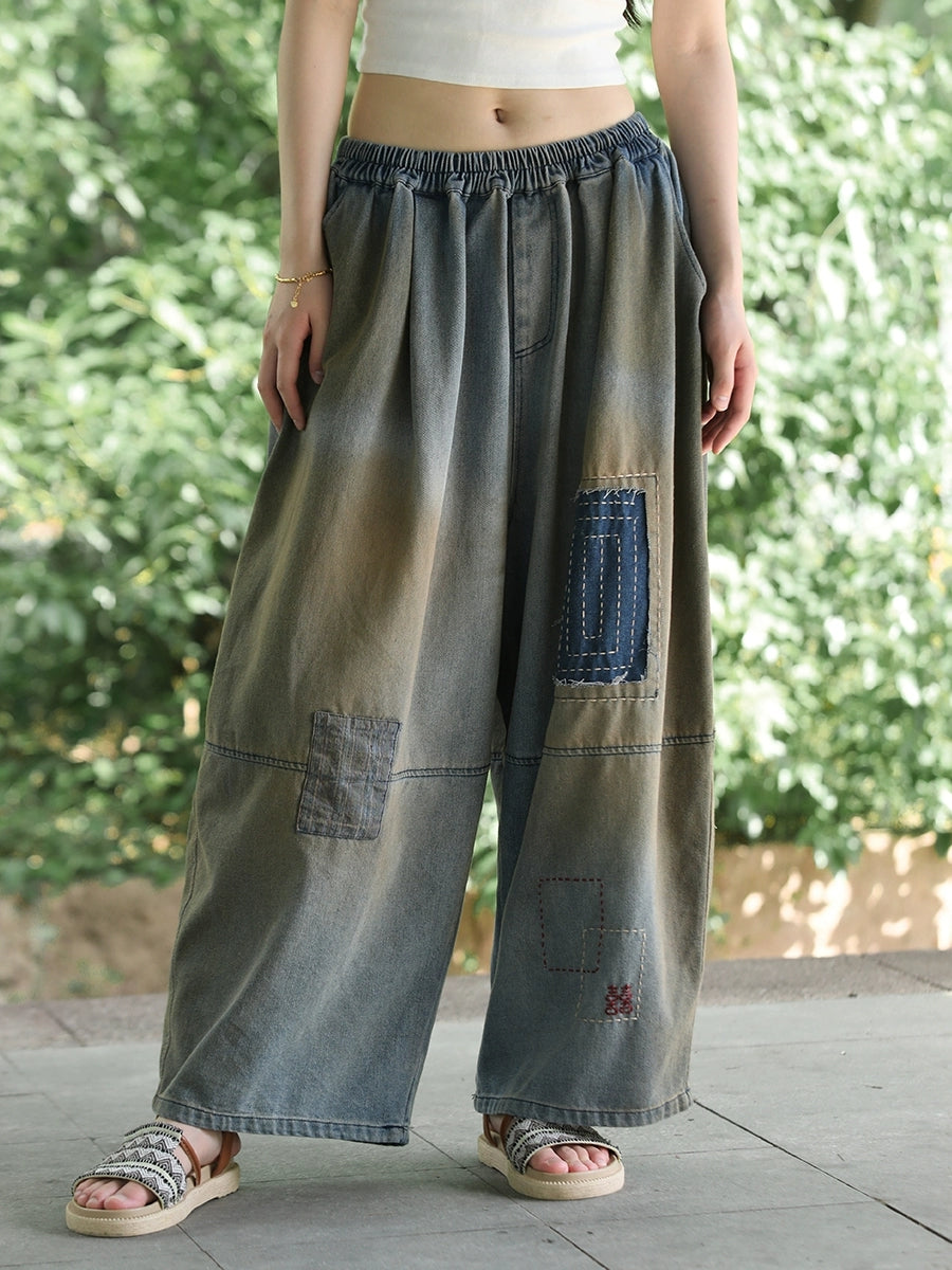 Women Retro Summer Denim Patchwork Wide-leg Pants