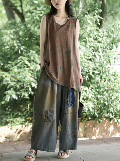 Women Retro Summer Denim Patchwork Wide-leg Pants