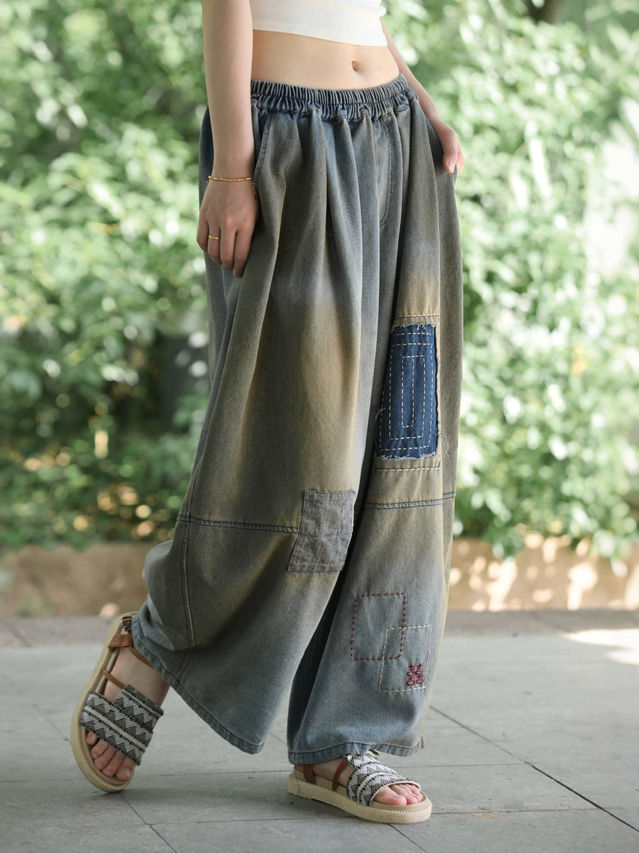 Women Retro Summer Denim Patchwork Wide-leg Pants