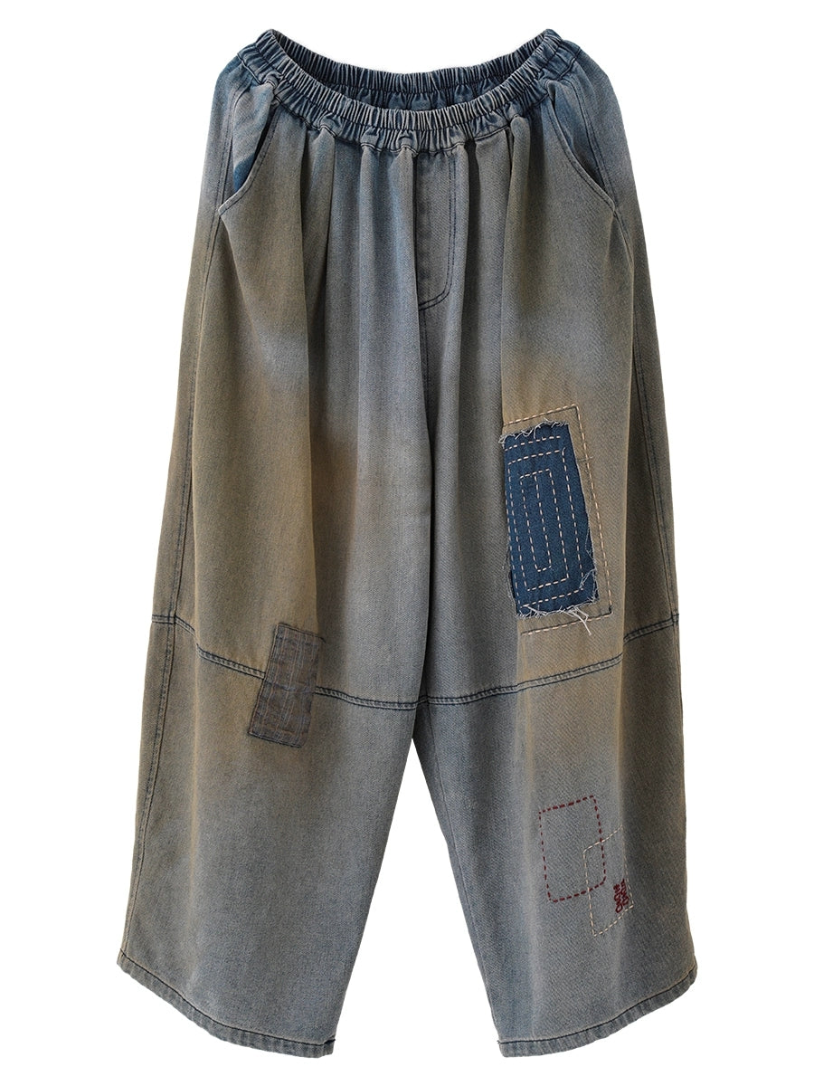 Women Retro Summer Denim Patchwork Wide-leg Pants