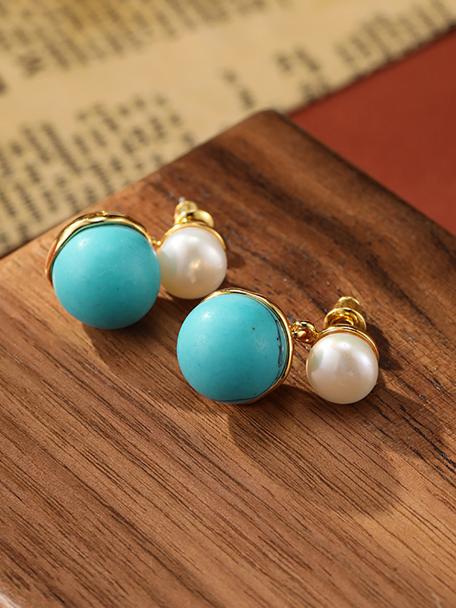 Women Artsy S925Silver Turquoise Pearl Earrings