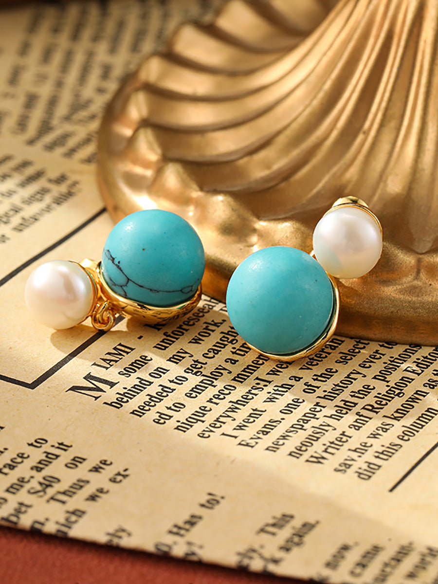 Women Artsy S925Silver Turquoise Pearl Earrings