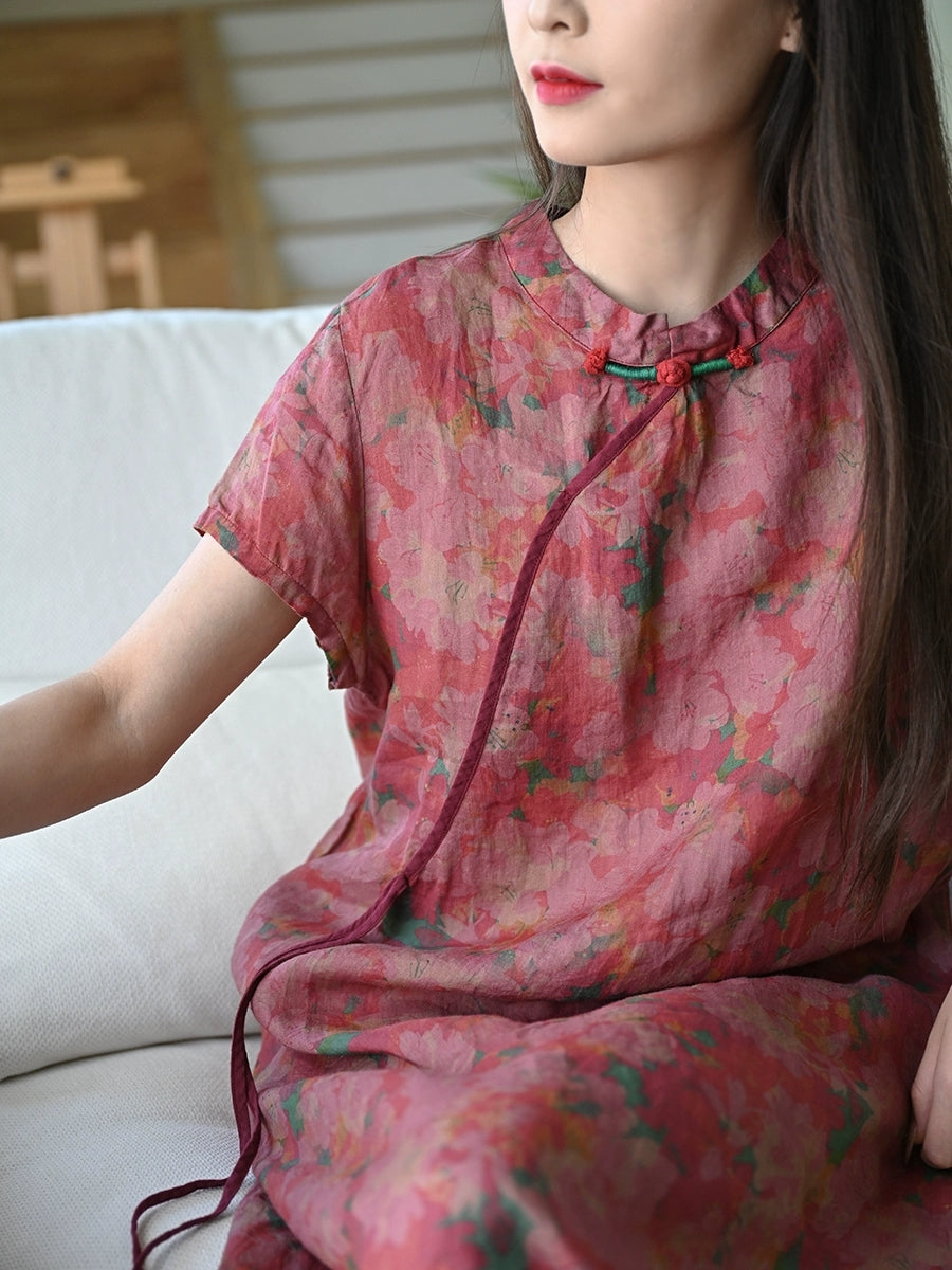 Women Summer Ethnic Flower 100%Ramie Robe Dress