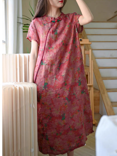 Women Summer Ethnic Flower 100%Ramie Robe Dress