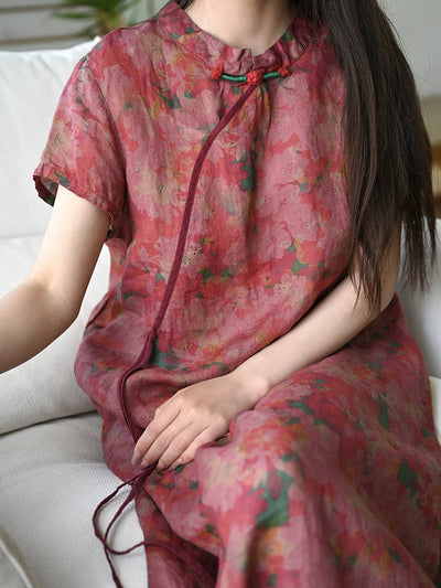 Women Summer Ethnic Flower 100%Ramie Robe Dress