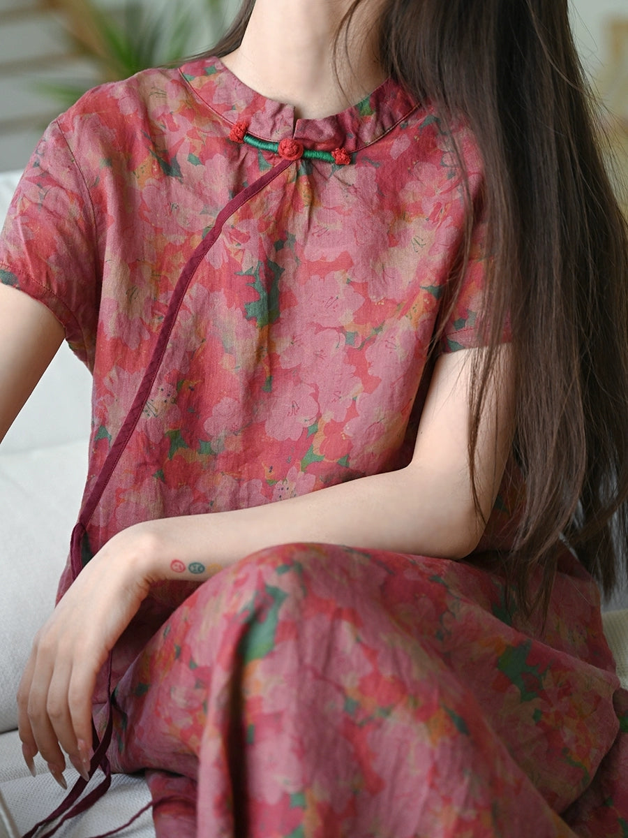 Women Summer Ethnic Flower 100%Ramie Robe Dress