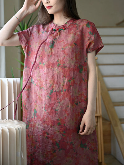 Women Summer Ethnic Flower 100%Ramie Robe Dress