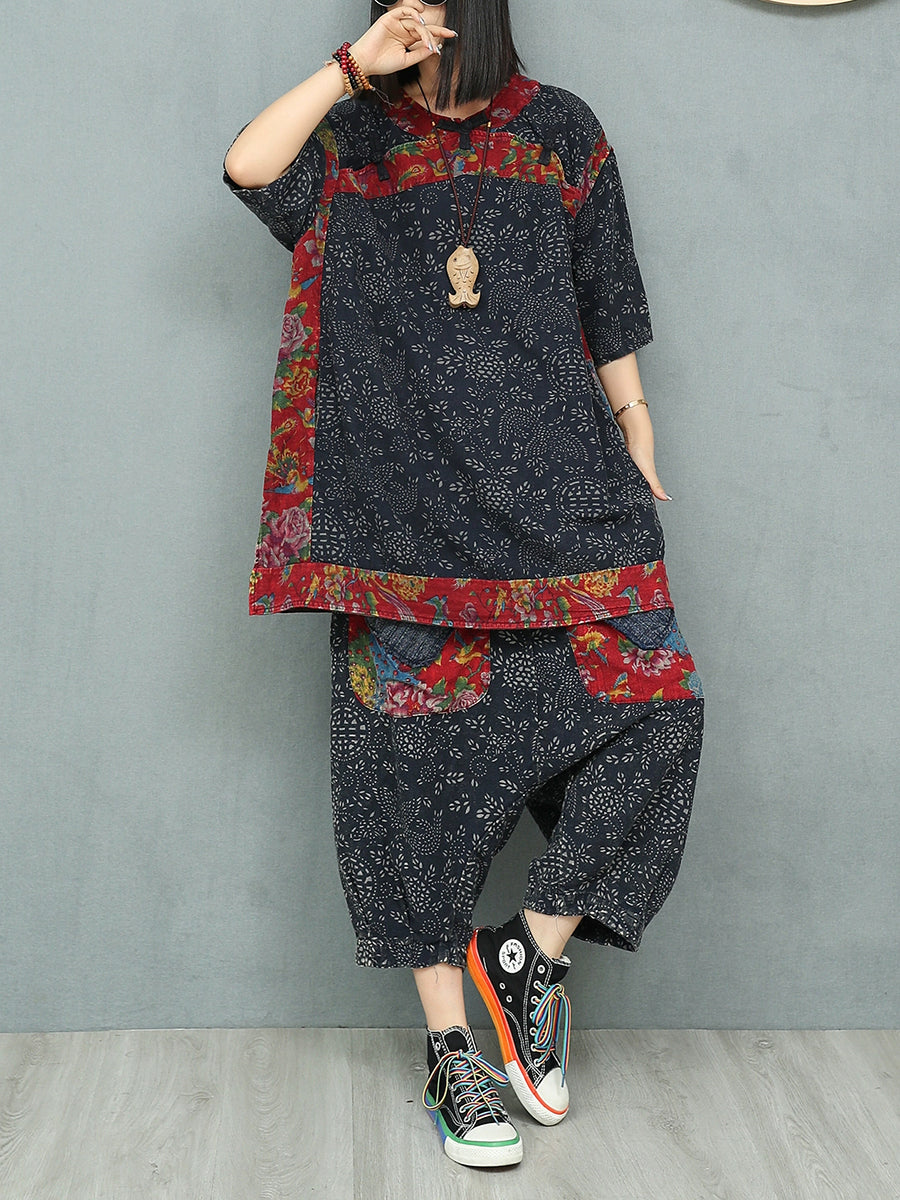 Women Summer Ethnic Flower Linen Spliced Suits