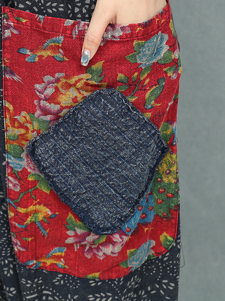 Women Summer Ethnic Flower Linen Spliced Suits