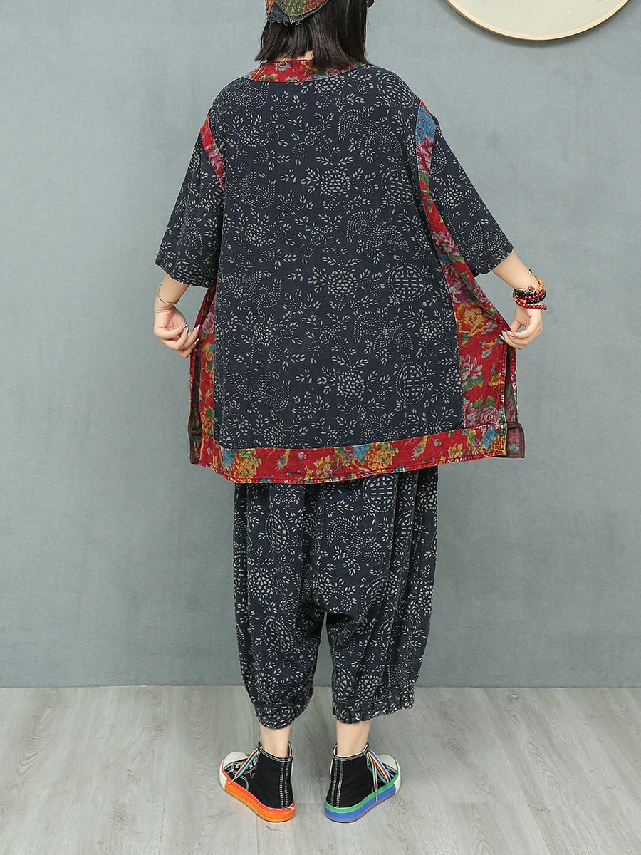 Women Summer Ethnic Flower Linen Spliced Suits