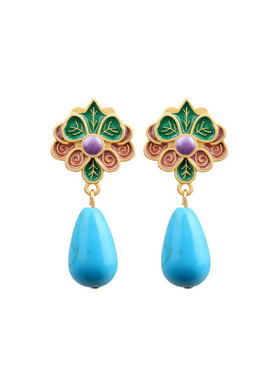 Women Ethnic S925Silver Cloisonne Turquoise Earrings