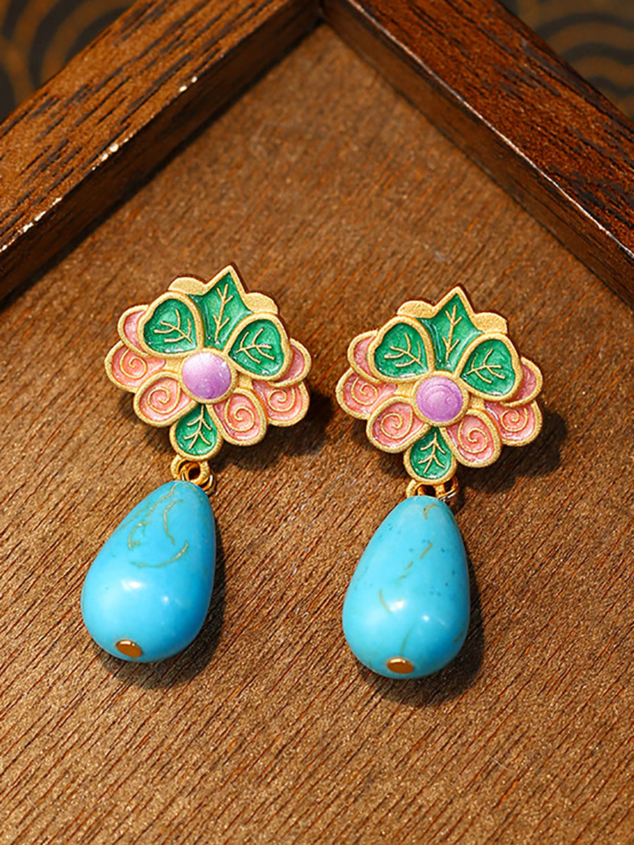 Women Ethnic S925Silver Cloisonne Turquoise Earrings