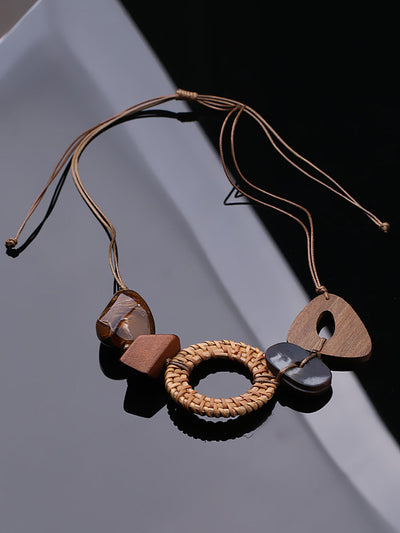 Women Vintage Wood Geometric Necklace