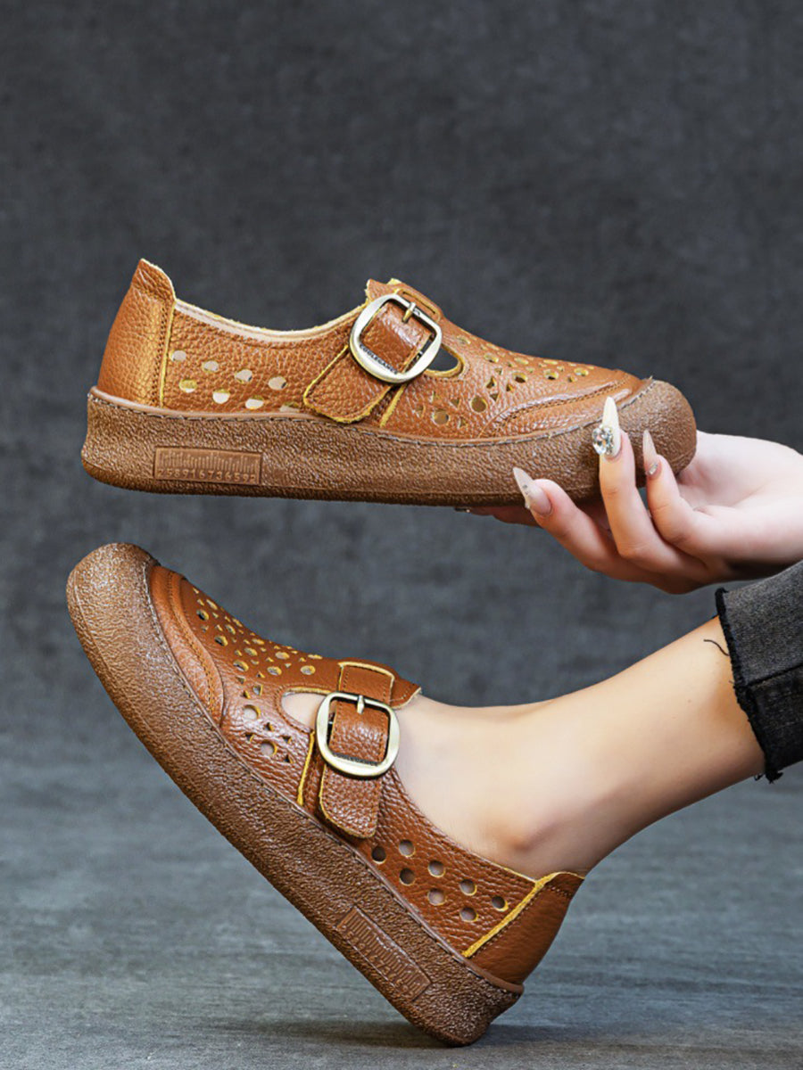 Women Summer Pure Color Genuine Leather Flat Shoes
