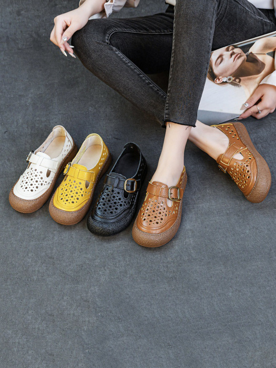 Women Summer Pure Color Genuine Leather Flat Shoes
