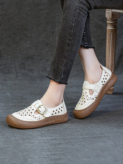 Women Summer Pure Color Genuine Leather Flat Shoes