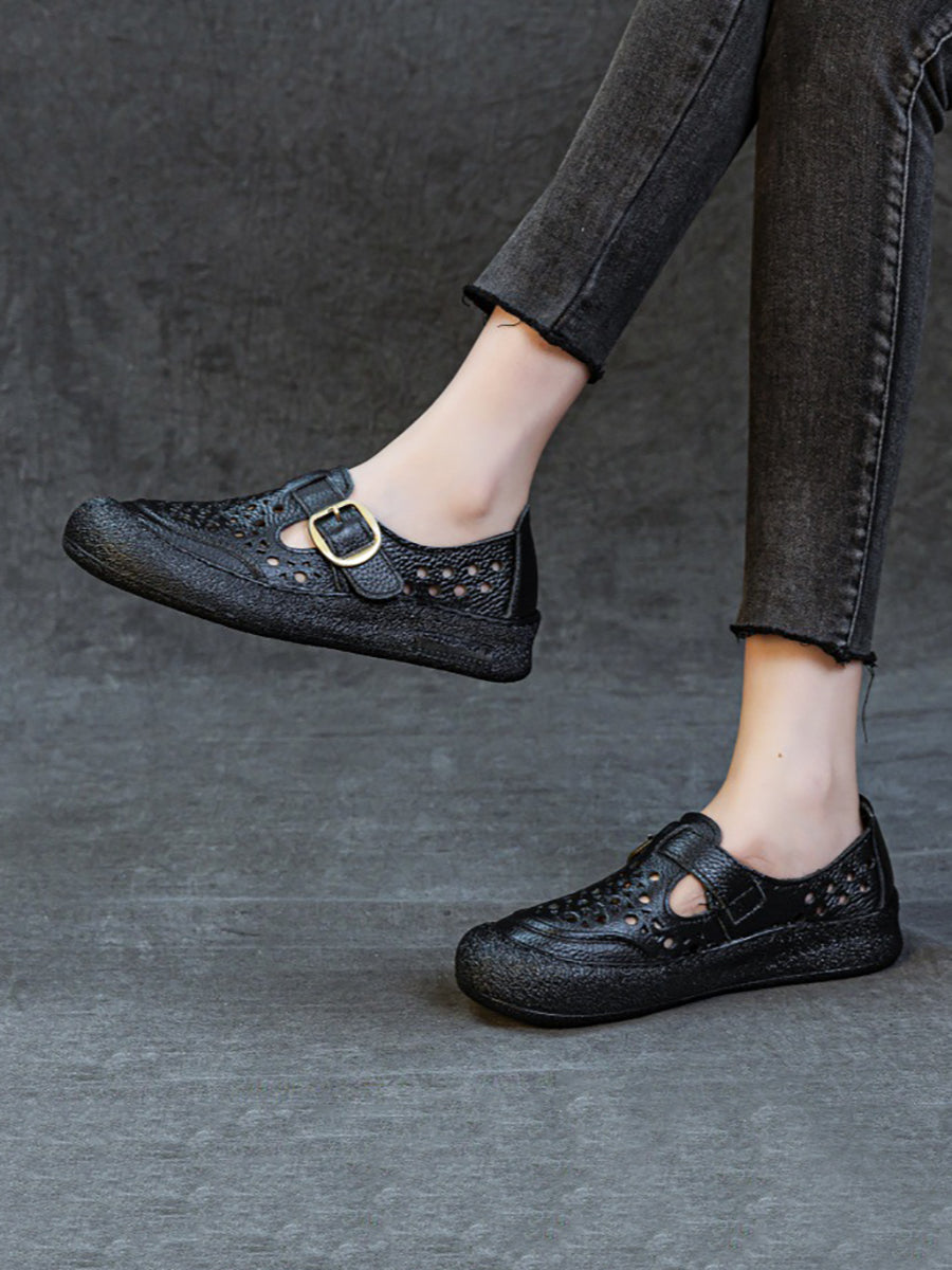 Women Summer Pure Color Genuine Leather Flat Shoes