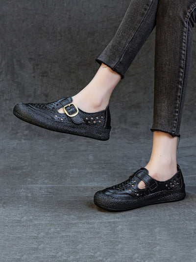 Women Summer Pure Color Genuine Leather Flat Shoes