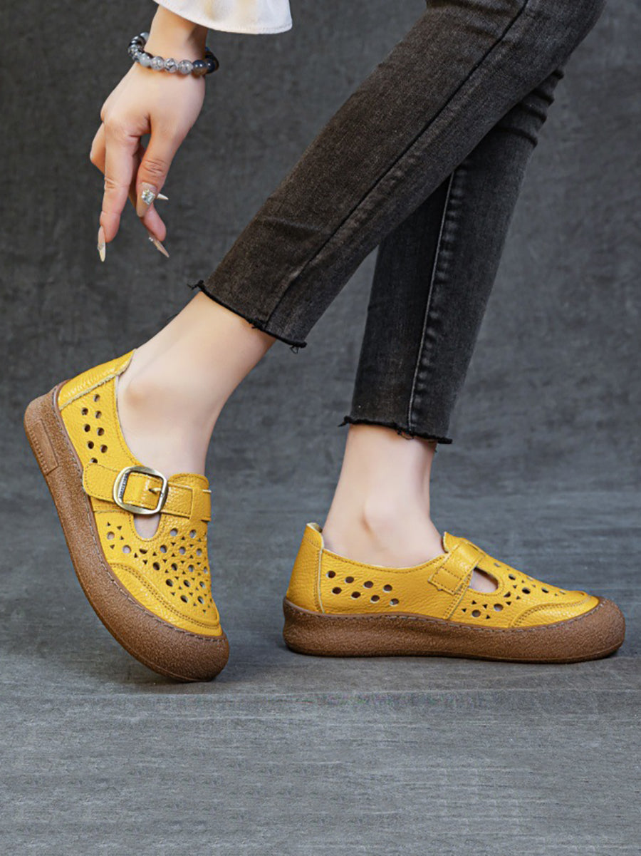 Women Summer Pure Color Genuine Leather Flat Shoes