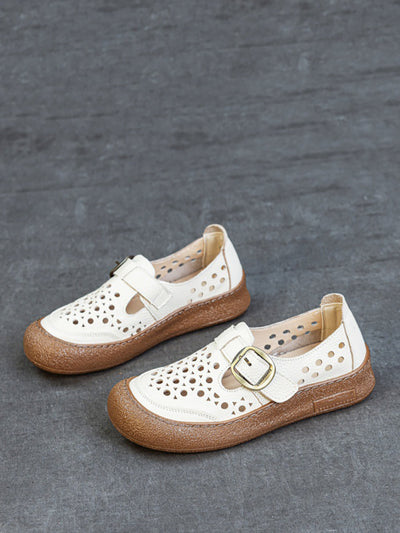 Women Summer Pure Color Genuine Leather Flat Shoes