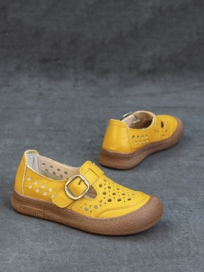 Women Summer Pure Color Genuine Leather Flat Shoes