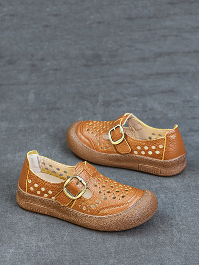 Women Summer Pure Color Genuine Leather Flat Shoes