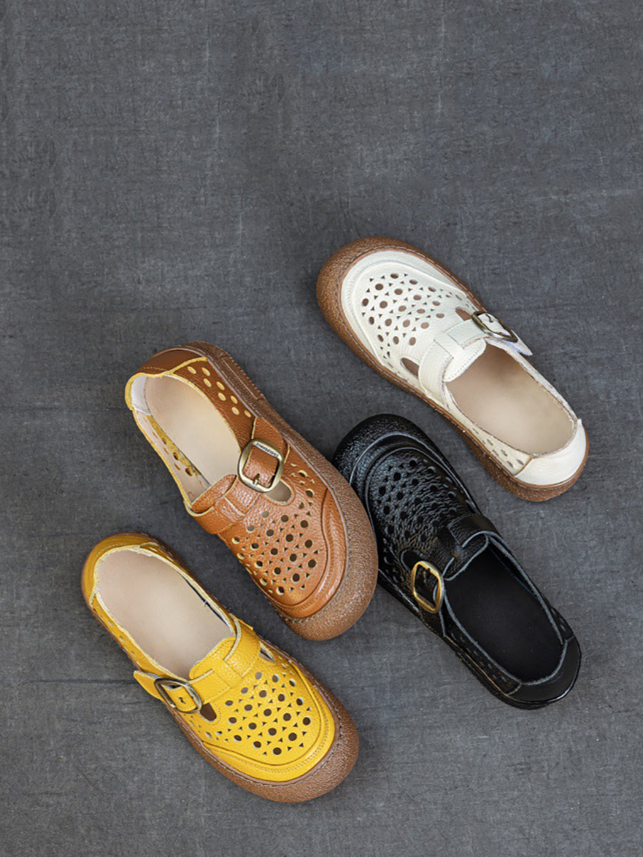 Women Summer Pure Color Genuine Leather Flat Shoes