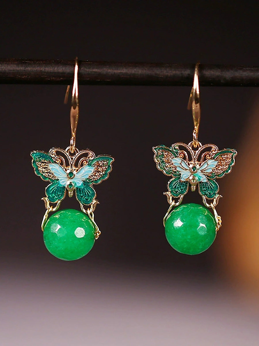 Women Artsy S925Silver Butterfly Green Jade Earrings