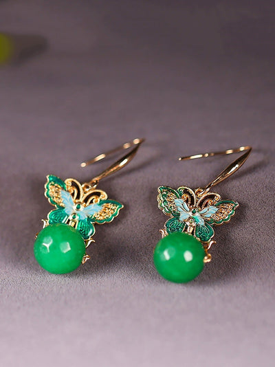 Women Artsy S925Silver Butterfly Green Jade Earrings