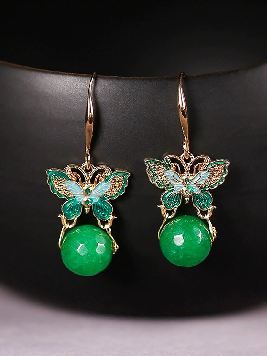 Women Artsy S925Silver Butterfly Green Jade Earrings