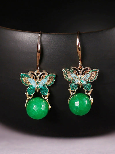 Women Artsy S925Silver Butterfly Green Jade Earrings