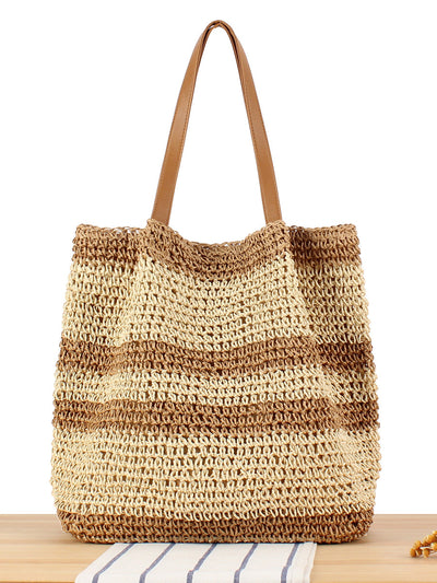 Women Summer Colorblock Straw Weave Shoulder Bag