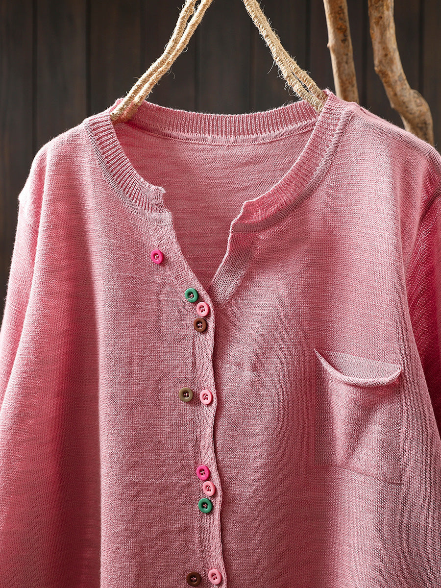 Women Summer Casual Colorful Button Knitted O-Neck Shirt