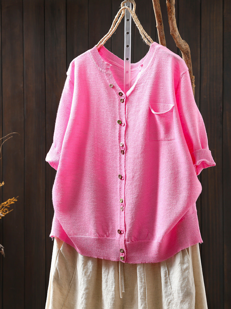 Women Summer Casual Colorful Button Knitted O-Neck Shirt
